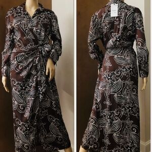 Zara Elegant Brown and White Patterned Long Sleeve Dress